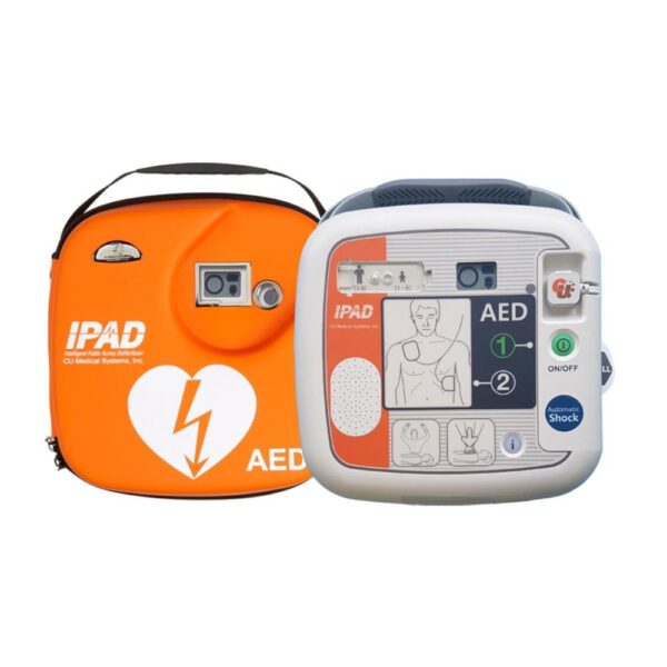 Front View of SP1 Fully Automatic Defibrillator with Orange Hard Case