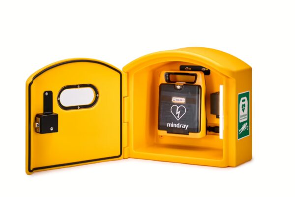 Inside of DefibCaddy External Cabinet with C2 Defibrillator hanging inside