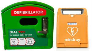 A Green DefibCaddy with the Mindray C1A Defibrillator