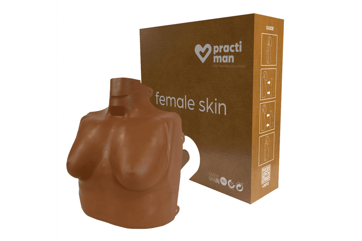 The Practi-Man Female Skin is an Adult sized CPR manikin in a dark skin tone, used to simulate a female torso in a deeper skin colour for realistic CPR training.