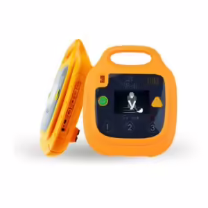 Close-up of an Automated External Defibrillator (AED) with clear display instructions, highlighting its user-friendly design for emergency responders.