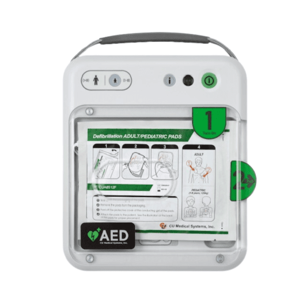 iPAD AED device showing defibrillation pads for both adult and pediatric use.