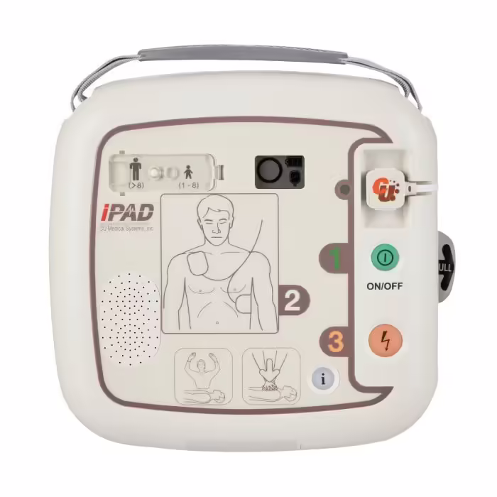 iPAD Automated External Defibrillator (AED) with visual step-by-step instructions, designed for quick and easy use during a cardiac emergency.