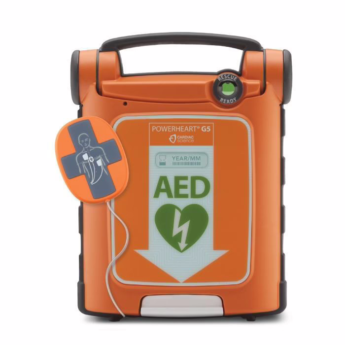 Cardiac Science Powerheart G5 AED with attached electrode pads - A trusted and user-friendly defibrillator for emergency response, requiring maintenance and troubleshooting