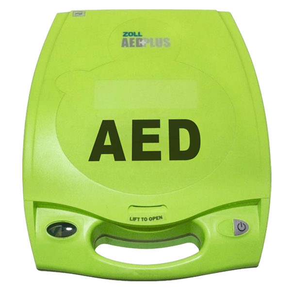 ZOLL AED Plus device with an AED label on the front, ready for emergency use.