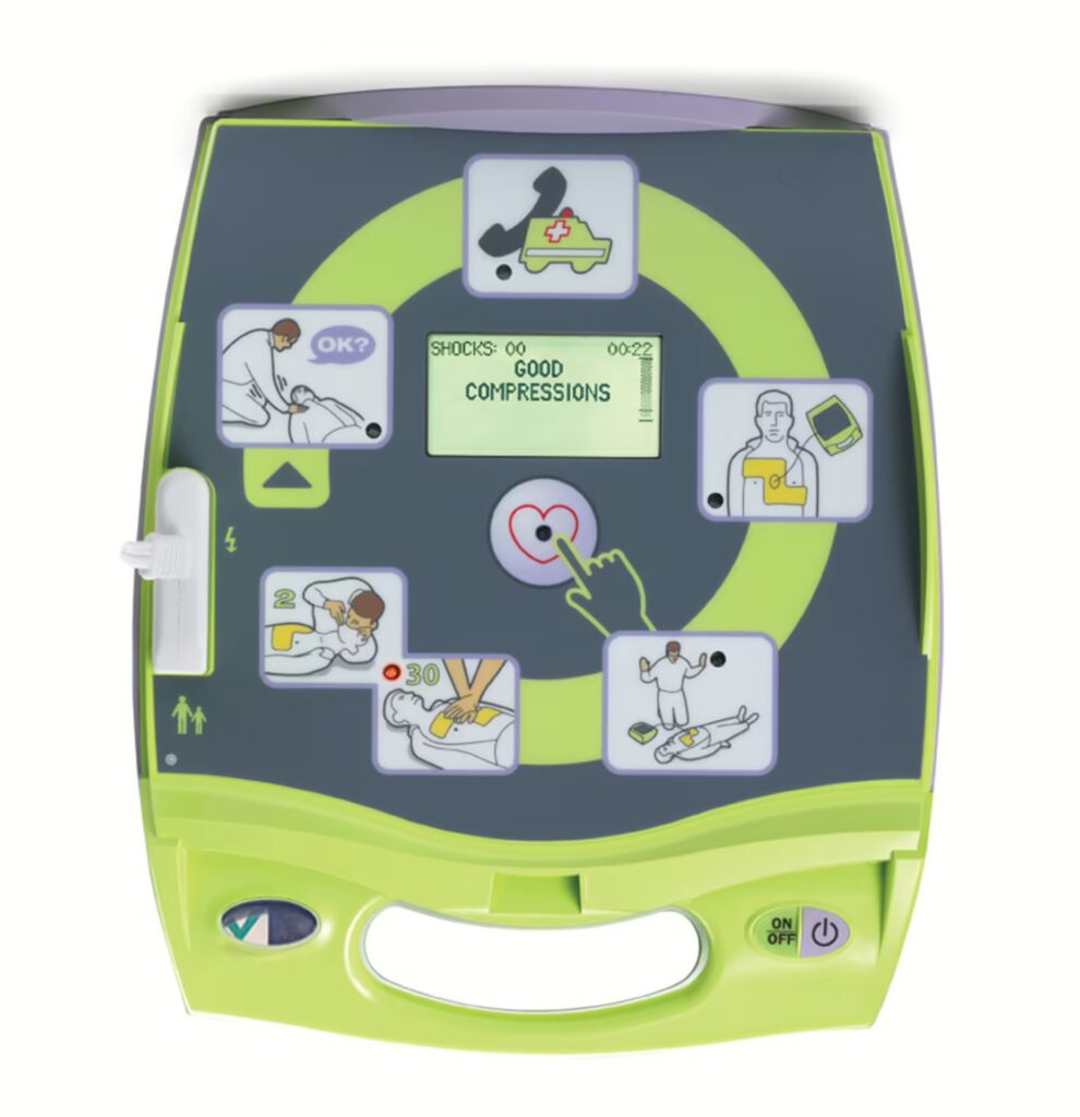 ZOLL AED Plus semi-automatic defibrillator with display showing real-time CPR feedback during an emergency.