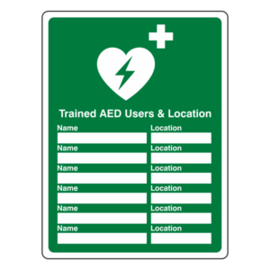 Trained AED Users and Location Sign background in green