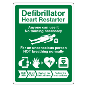 Defibrillator Heart Restarter – Anyone Can Use It Sign on green background
