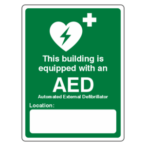 This Building Is Equipped With An AED Defibrillator Sign on green background