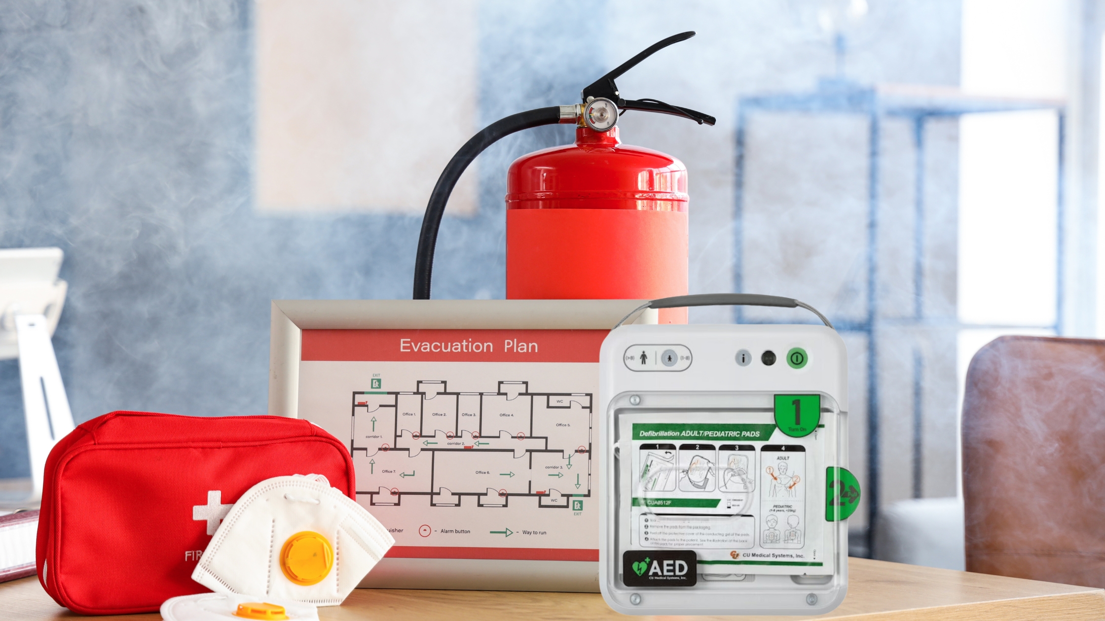 Workplace emergency equipment including AED, fire extinguisher, first aid kit, and evacuation plan
