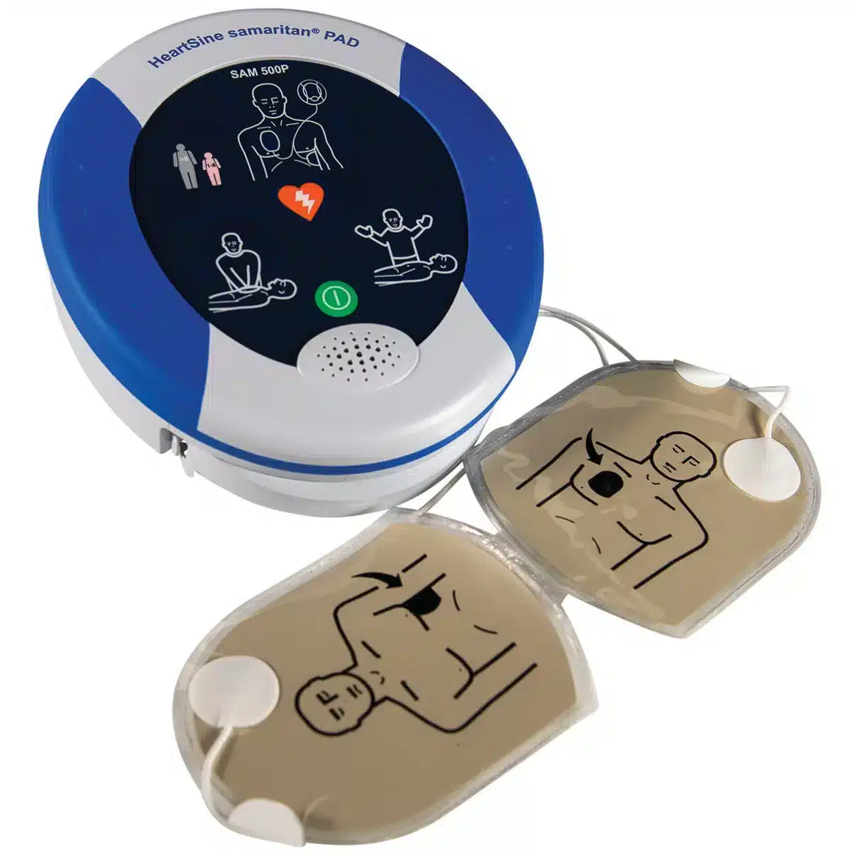 Electrode pads with illustrations showing placement, connected to the HeartSine defibriillator.