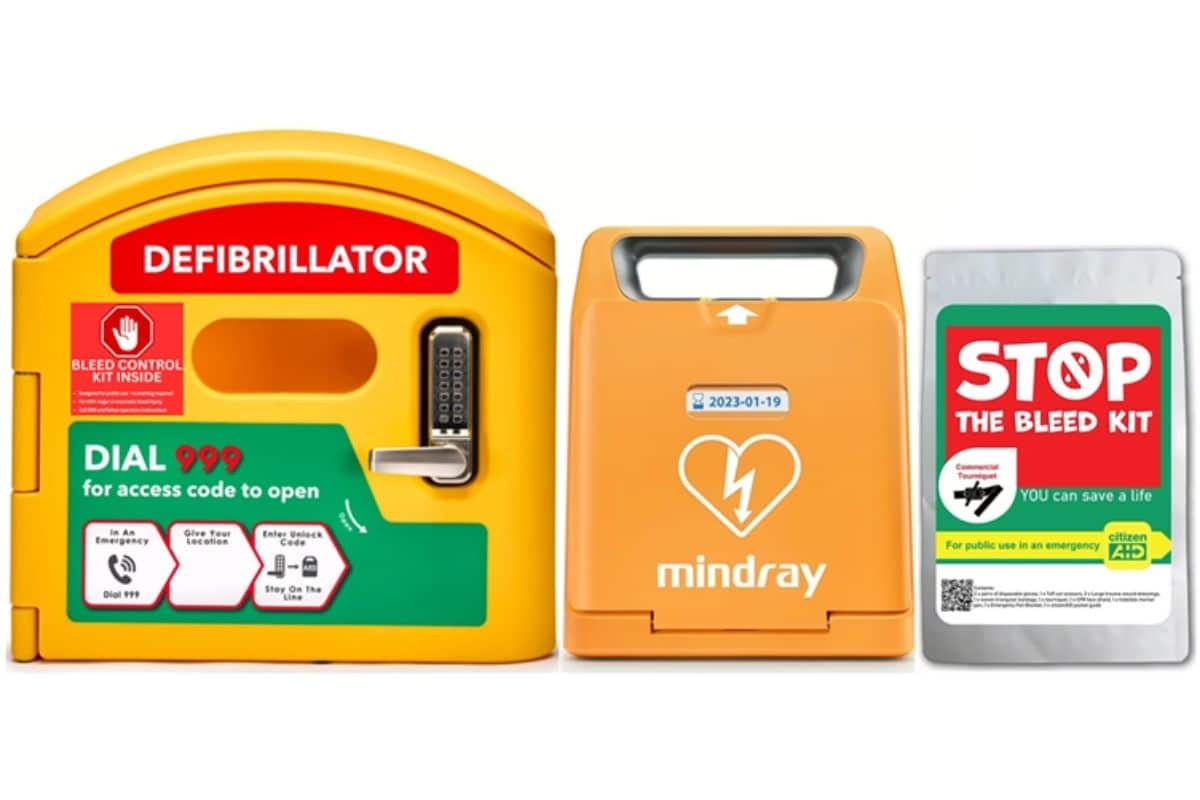 Fully automatic Mindray C1A AED, DefibCaddy locked defibrillator cabinet with access code, and Stop the Bleed kit, ideal for emergency response in public spaces.