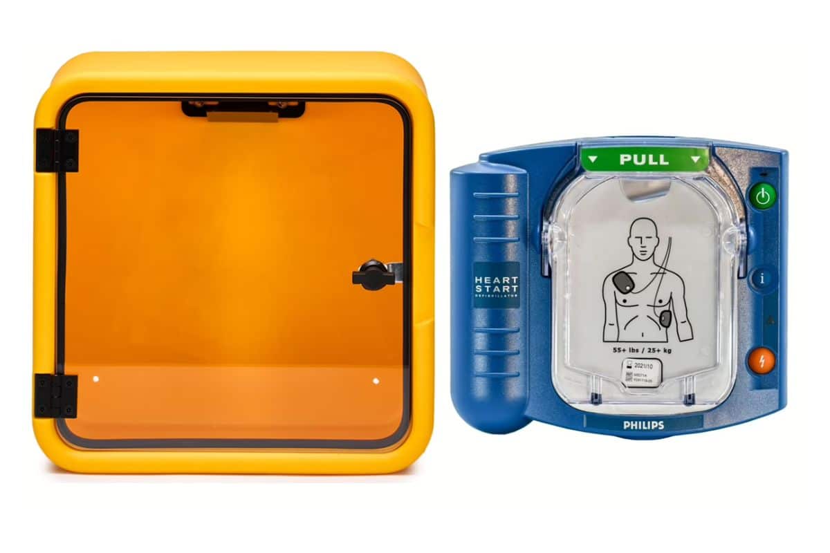 A square orange case with a Blue Philips Heartstart defibrillator.
