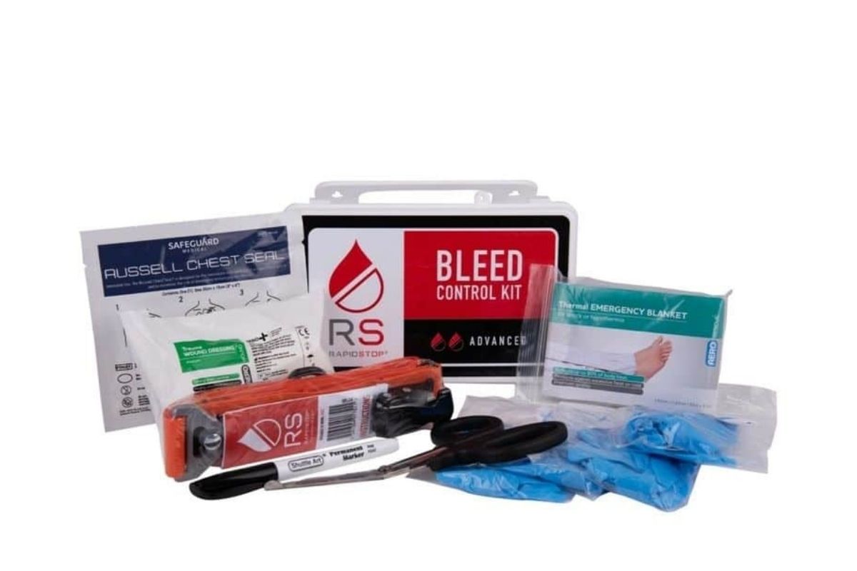 A bleed control kit including bandages and a tourniquet.