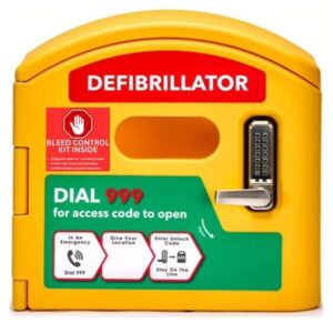 DefibCaddy External Locked Heated Defibrillator Cabinet & STOP THE BLEED Sticker