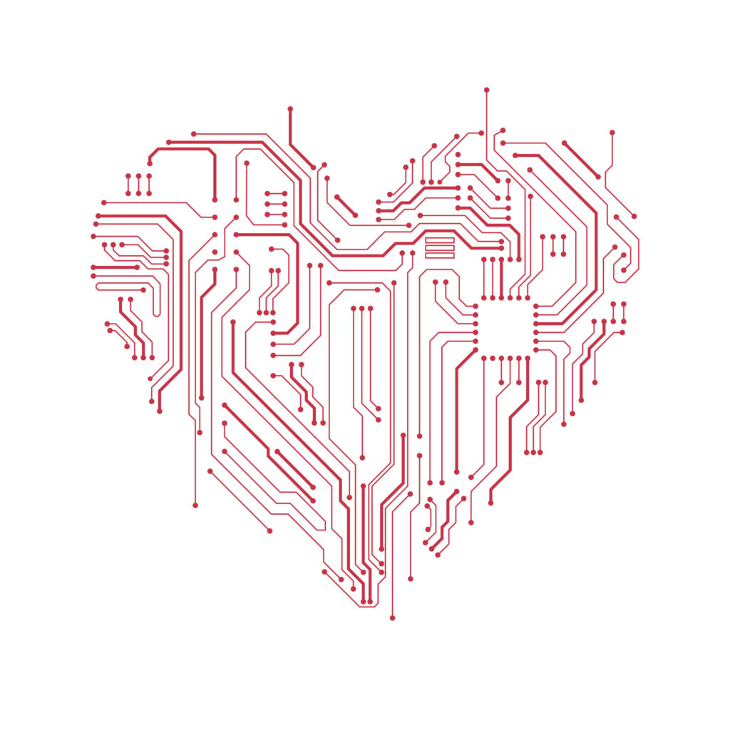 Heart-shaped circuit board design symbolizing technology in automated external defibrillators (AEDs) - Advancing workplace safety with modern cardiac care solutions