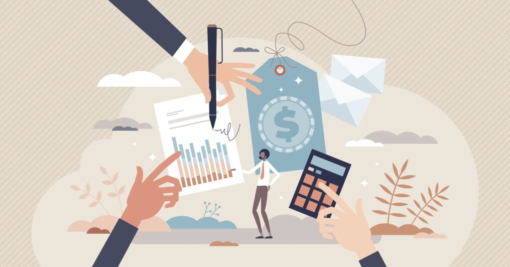 Illustration of financial analysis with a person reviewing charts and using a calculator, symbolizing the cost evaluation of defibrillators and their life-saving value in emergency situations.