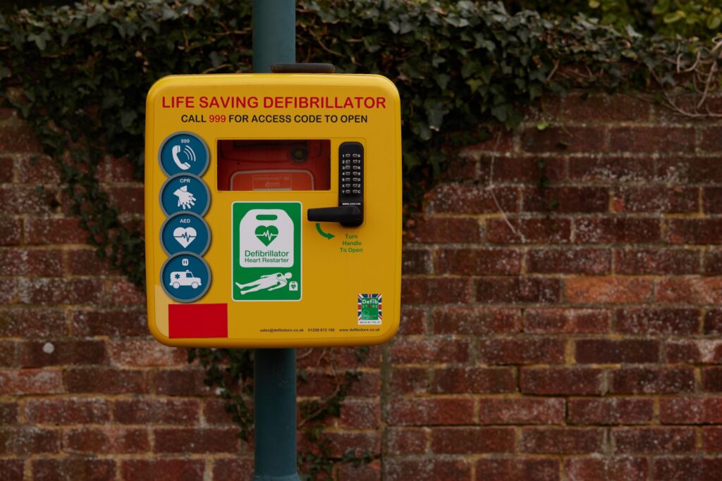 Public access defibrillator station in a rural area, demonstrating the importance of defibrillator availability in remote communities.