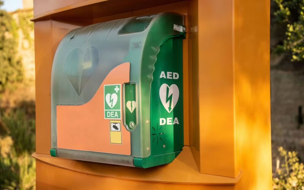Public Automated External Defibrillator (AED) mounted in an outdoor cabinet, clearly marked for emergency use in public spaces.