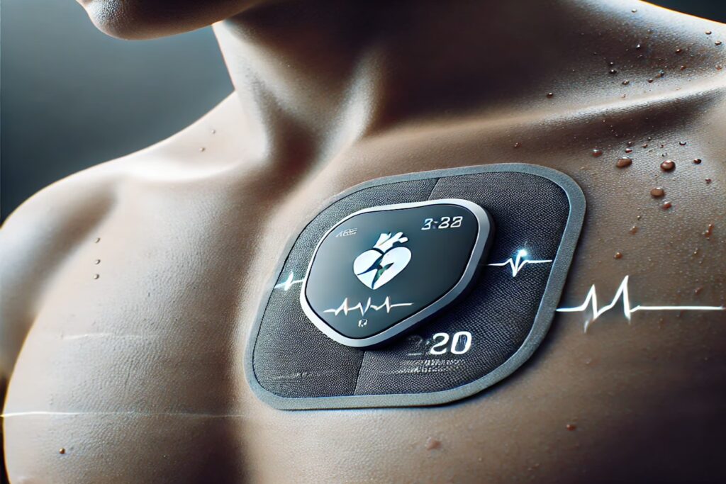 Close-up of a wearable defibrillator patch, showcasing innovative cardiac care technology designed for continuous protection and ease of use.