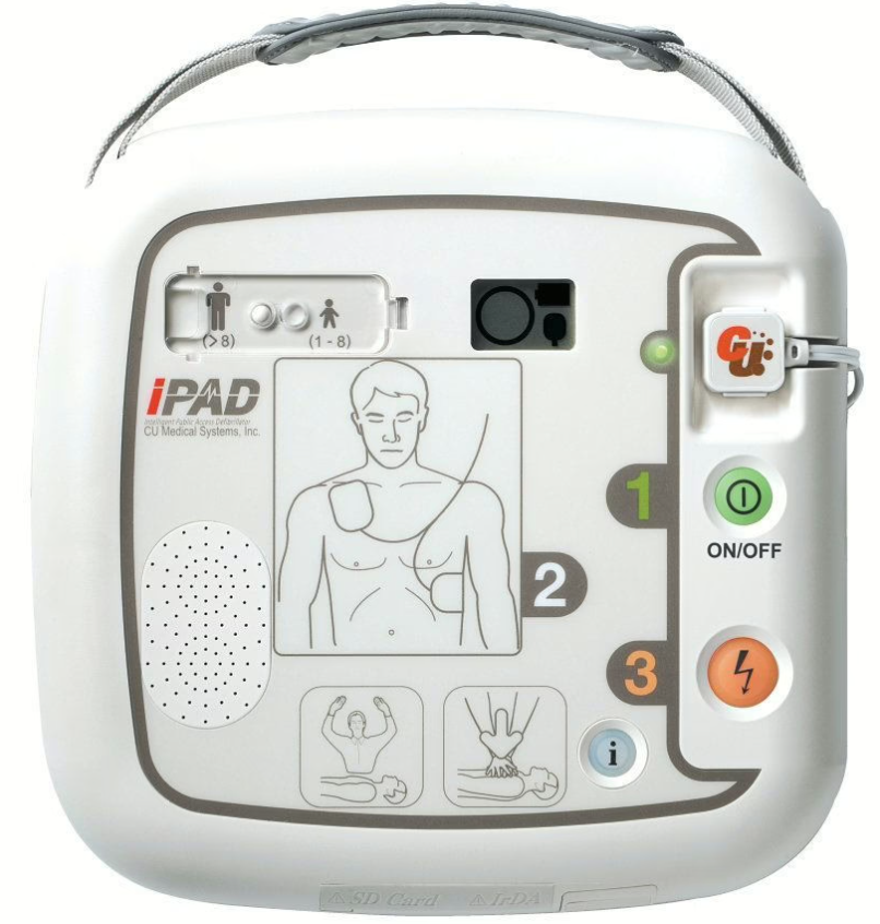 iPAD SP1 Semi-Automatic Defibrillator showing controls for adult and paediatric use.