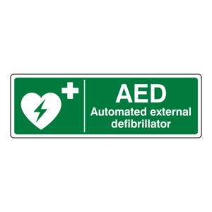 Automated External Defibrillator Sign on green background