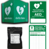 Four images of a defibrillator sign, defibrillator inspection kit, aed starter kit and a green sign that reads this building is equipped with a AED