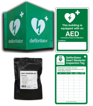 Four images of a defibrillator sign, defibrillator inspection kit, aed starter kit and a green sign that reads this building is equipped with a AED