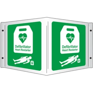 AED Defibrillator 3D Projecting Sign with person in white lyign on floor